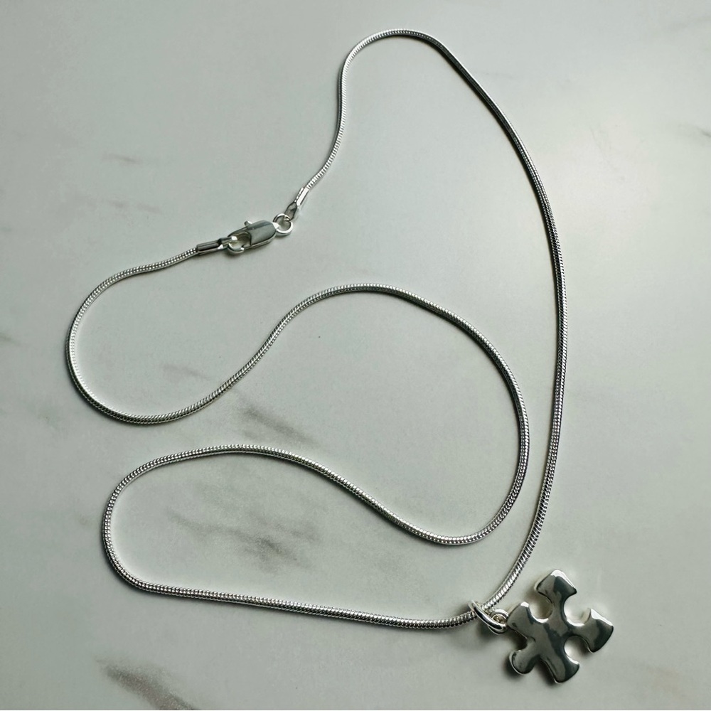 Silver-Plated Puzzle Piece Pendant Necklace | Snake Chain | NWOT - Picture 9 of 13